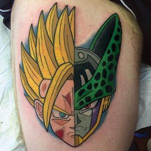 Super Saiyan Goku and Cell tattoo by Adam Perjatel. #AdamPerjatel #anime #dragonball #dbz #dragonballz
