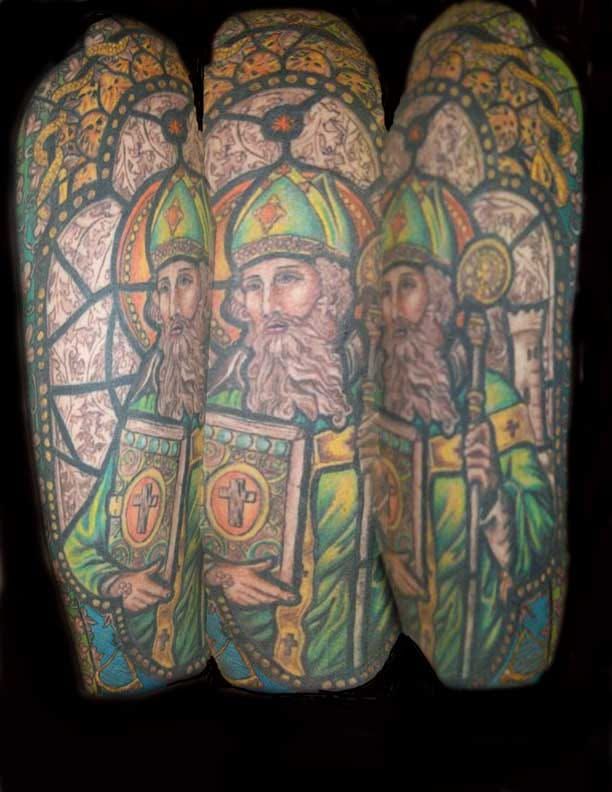Brilliant stained glass St. Patrick ink by Jessica Morsey