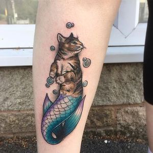 Purrmaid tattoo by Lawrence Canham. #LawrenceCanham #neotraditional #cat #mermaid #purrmaid #mythical #fantasy