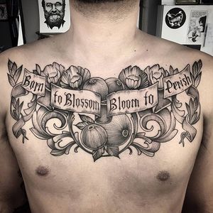 Born to Blossom Bloom to Perish, by Lawrence Edwards (via IG—feraleyes) #chestpiece #pointillism #dotwork #blacktattooing #lawrenceedwards