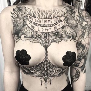 The light in me sees the light in you, by Lawrence Edwards (via IG—feraleyes) #chestpiece #pointillism #dotwork #blacktattooing #lawrenceedwards