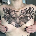 A cute fox licks her lips while gazing out at us, by Lawrence Edwards (via IG—feraleyes) #chestpiece #pointillism #dotwork #blacktattooing #lawrenceedwards