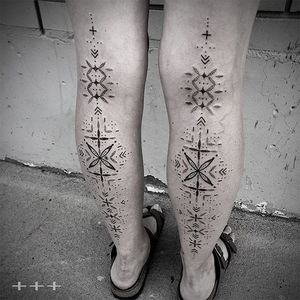 A pair of perfectly matching lower leg tattoos by Kris Davidson (IG-kris_davidson_). #blackwork #dotwork #geometric #KrisDavidson #linework #minimalist #mystical