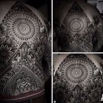 One of Alexis Calvie's largest and most elaborate pieces of sacred geometry (IG-alexiscalvie). #AlexisCalvie #blackwork #dotwork #geometric #sacredgeometry