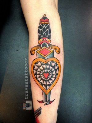 Heart and dagger tattoo by Matt Craven Evans #MattCravenEvans #heartanddagger #heartanddaggertattoo #heart #dagger #knife