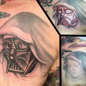 A killer Darth Vader coverup tattoo by Adam Guy Hays (IG—adamguyhays). #AdamGuyHays #NYC #RedRocketTattoo #RogueOne #StarWars #StarWarsDay