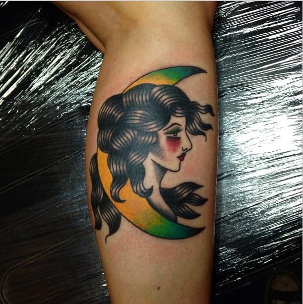 Old school woman on the moon tattoo by Matthew Chahal #moon #oldschool #MatthewChahai #woman