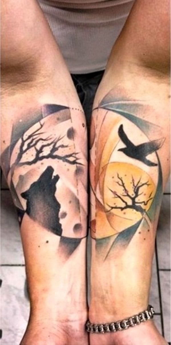 A more creative twist of the famous wolf in front of the moon piece... Arms split moon tattoo by Marie Kraus #moon #wolf #MarieKraus #werewolf #celestial #split