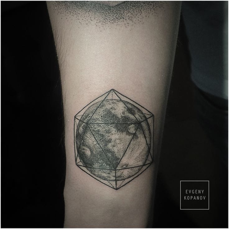 Full moon tattoo in a geometric shape by Evgeny Kopanov.'#geometric #moon #geomtericmoon #EvgenyKopanov #fullmoon