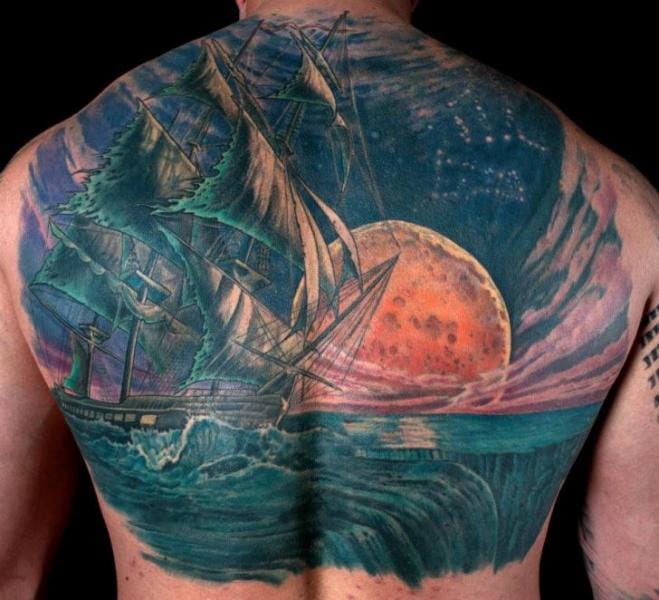 Epic nautical moon tattoo backpiece by Dead God Tattoo #moon #nautical #backpiece #DeadGodTattoo