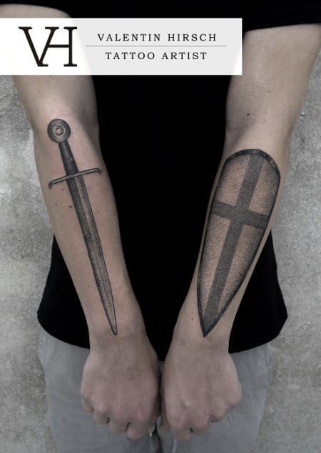 The inseparable accessories of the knight, the sword and the shield in elegant dotwork style by Valentin Hirsh.