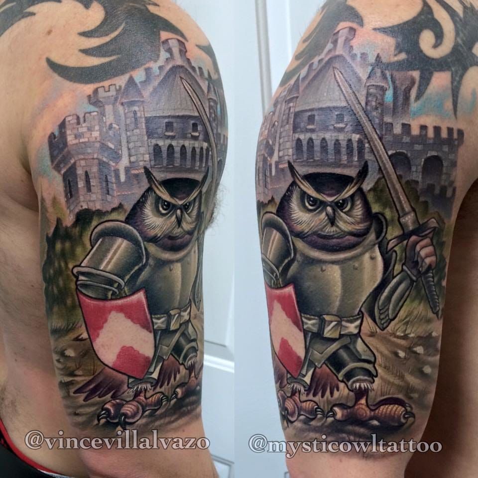Haha! Fun old school owl cartoon knight by Vince Villalvazo!