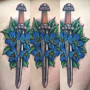 Icelandic runes on a sword with flowers by Haffi (via IG -- icelandtattoo) #haffi #sword #runes #iceland