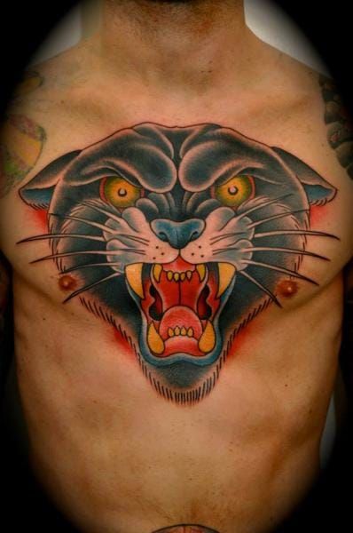 Chest piece tattoo,traditional panther tattoo,traditional tiger colour  tattoo by Lonis #lonistattoo w… | Chest piece tattoos, Chest tattoo tiger,  Traditional tattoo