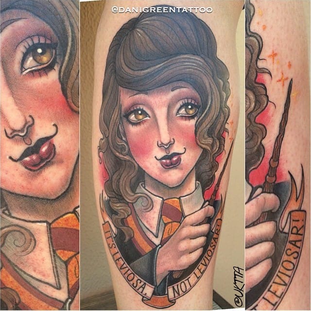 Dani Green made this adorable Hermione tattoo. #HarryPotter #Hermione #fantattoo #portrait #neotraditional #tibute #DaniGreen