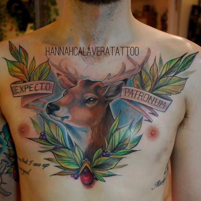 Chestpiece by Hannah Calavera, and you can see some other Harry Potter tattoos on the ribs. #HarryPotter #fantattoo #tribute #ExpectoPatronum #chest #HannahCalavera