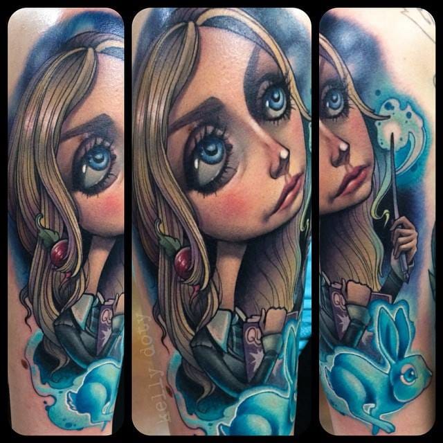 Cool new school tattoo by Kelly Doty of Luna Lovegood! #KellyDoty #HarryPotter #fantattoo #LunaLovegood