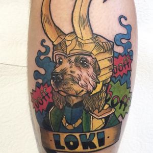Loki the dog dressed as Loki from the comics by Esme Baker (IG—esmebakertattoo). #AmericanGods #EsmeBaker #Loki #Marvel #petportraiture #traditional