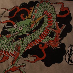 A painting of a green dragon by Crez (IG—crez_adrenalink). #Crez #dragon #Japanese #painting #traditional