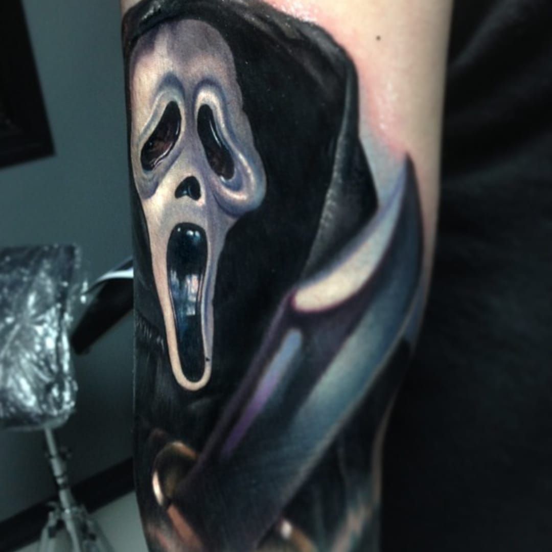 Gabe Smith Tattoos  Small traditional scream mask I got to make The cross  is not by me Thanks for looking fkirons fytcartridges industryinks  empireinks eikondevice eternalink instanthistorytattoo tattoo tattoos  screamtattoo 