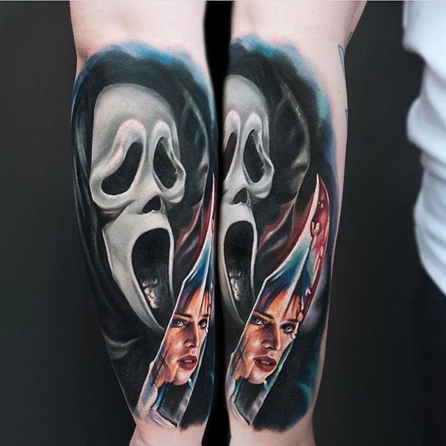 Tattoo uploaded by David Goff  Ghost face from scream Part of a full leg  sleeve in progress This one is fully healed Right above the Jason   Tattoodo