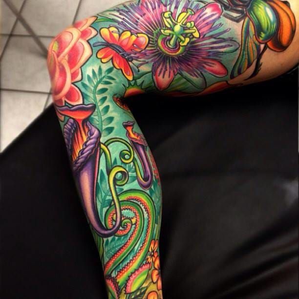 Floral Scrollwork Leg Sleeve by Russ Abbott TattooNOW
