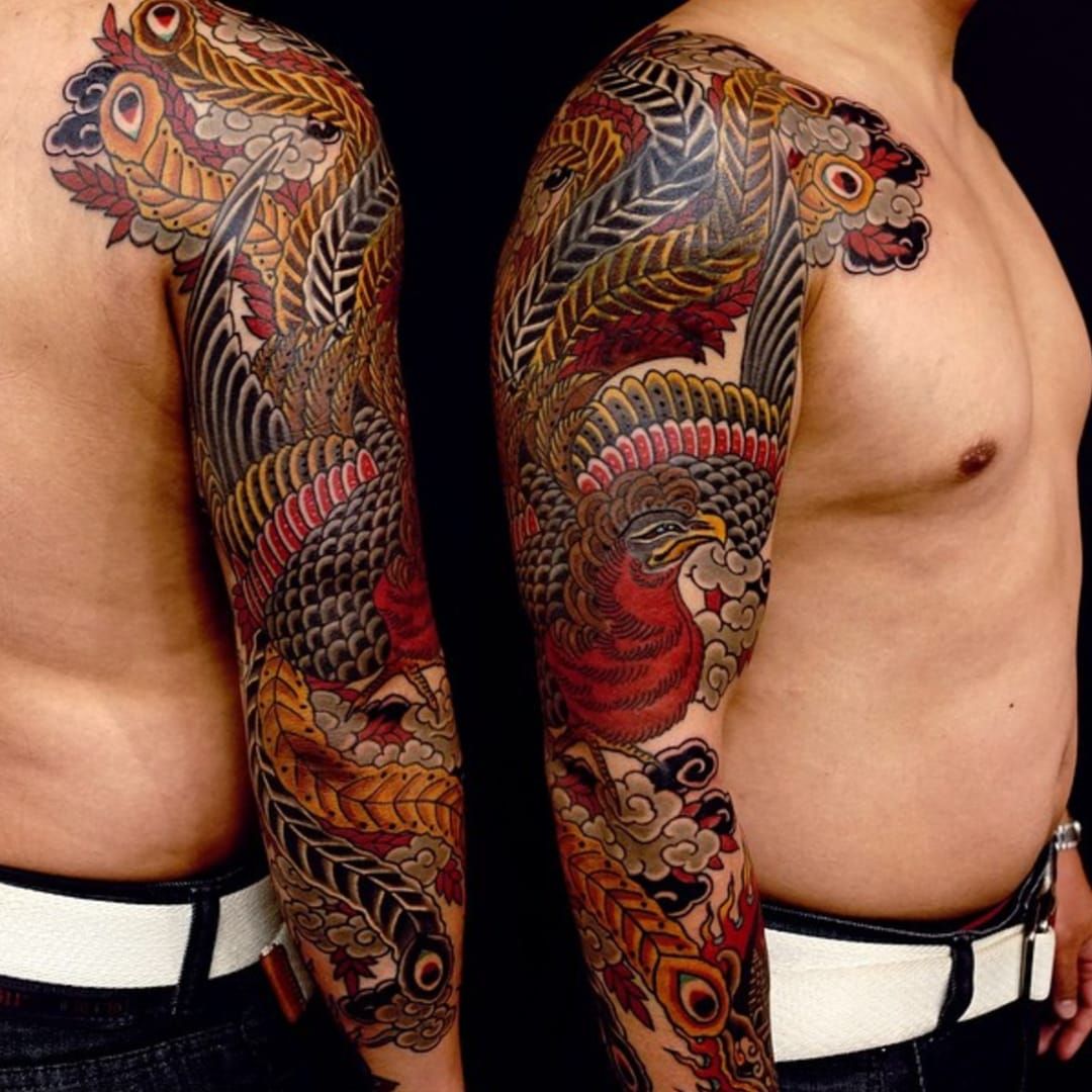 Japanese peacock tattoo.Asian Phoenix fire bird tattoo design.Colorful  Phoenix fire bird colouring book illustration.Hand drawn Japanese tattoo  style. Stock Vector | Adobe Stock