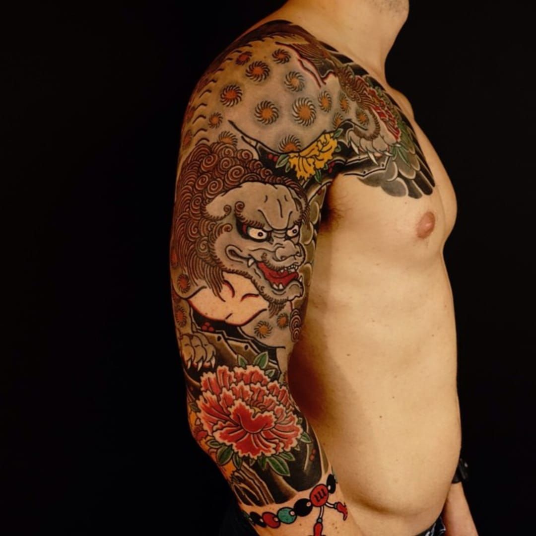 Arm Chest Flowers Japanese Lion Tattoo  Slave to the Needle