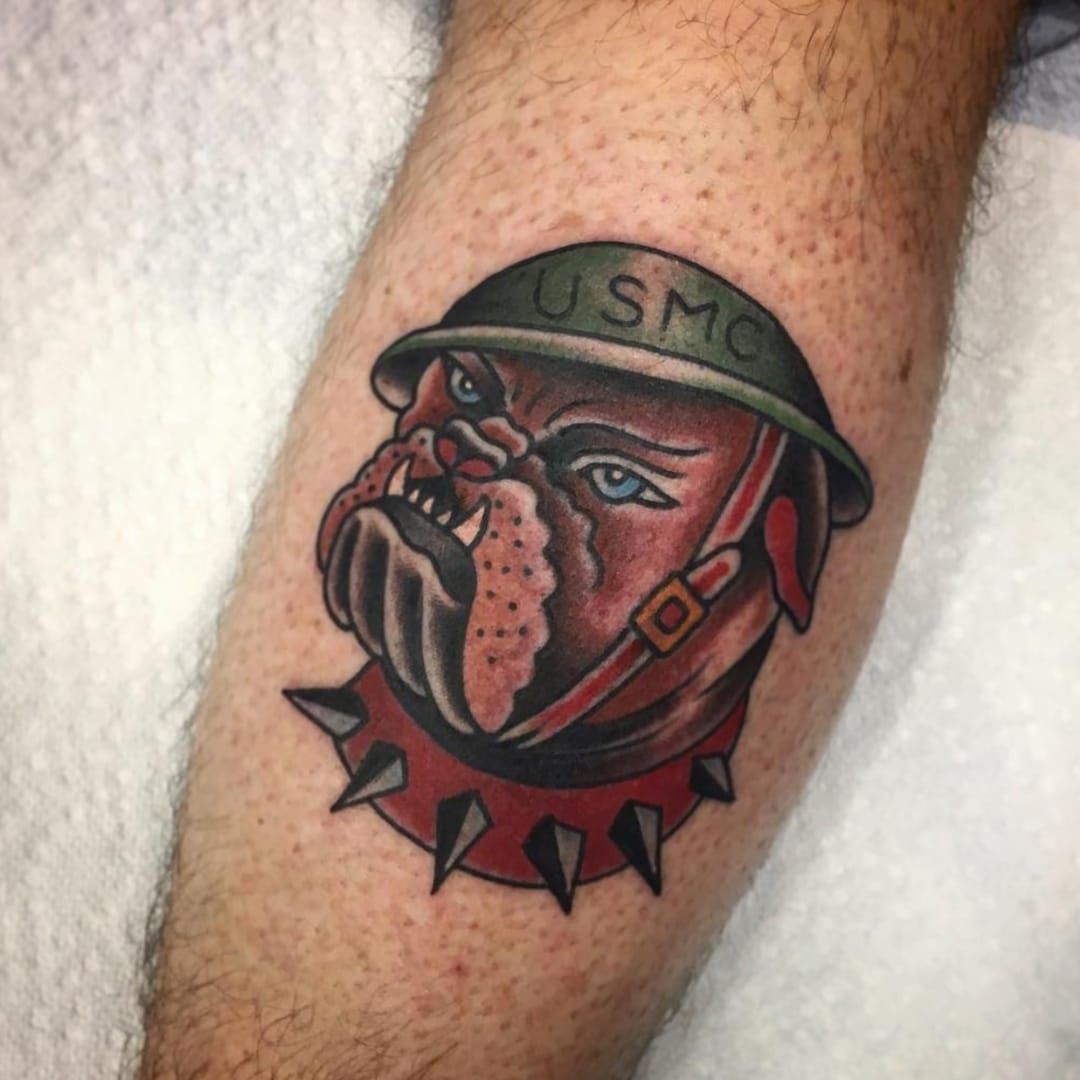 My grandpas marine corp bulldog He got this when he was 17 and had just  finished up at Paris Island He got the tattoo in Jacksonville NC at Camp  Lejeuene in 1958 