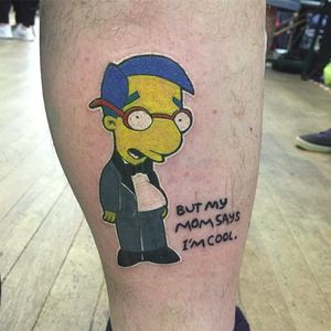 Milhouse by Tamar Karp (via IG -- tamar_karp.tattoo) #tamarkarp #simpsons #simpsonstattoo #milhouse #milhousetattoo