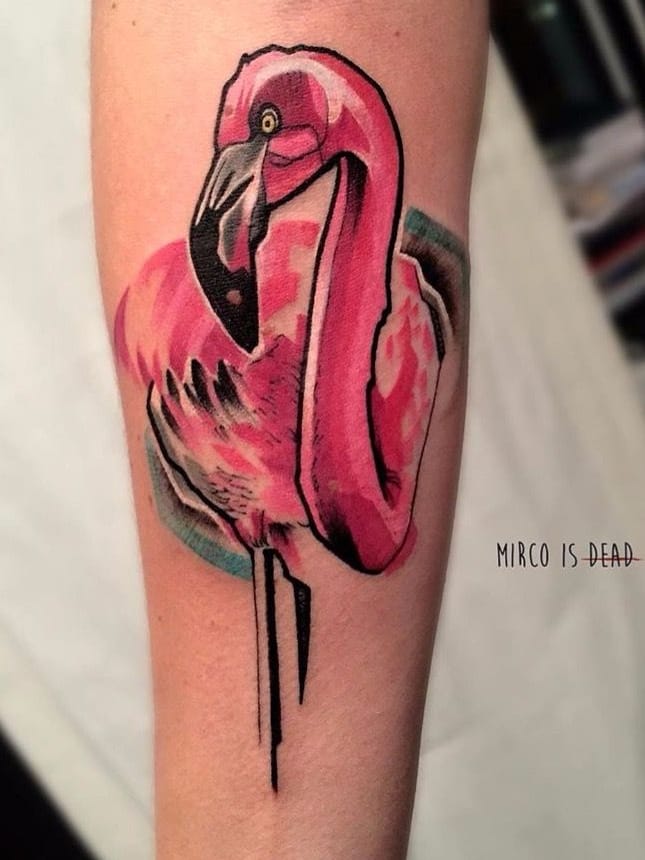 Feita por Mirco Campioni #MircoCampioni #flamingo #flamingotattoo #ave #passaro #bird #colorido #fullcolor