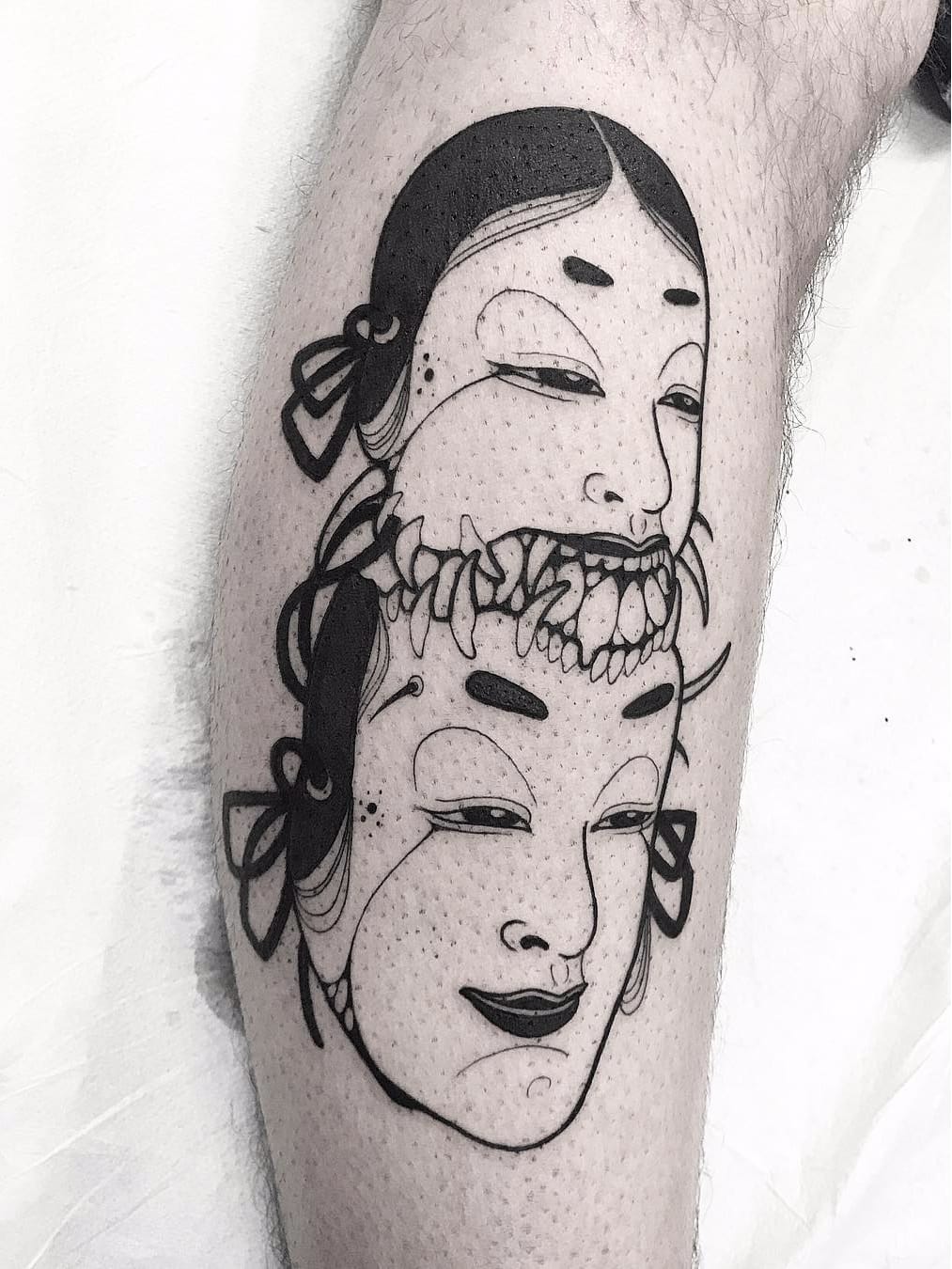 Por Oscar Hove #OscarHove #gringo #blackwork #oriental #rosto #face #mask #mascara #nohmask #noh #mascarajaponesa #japanesemask