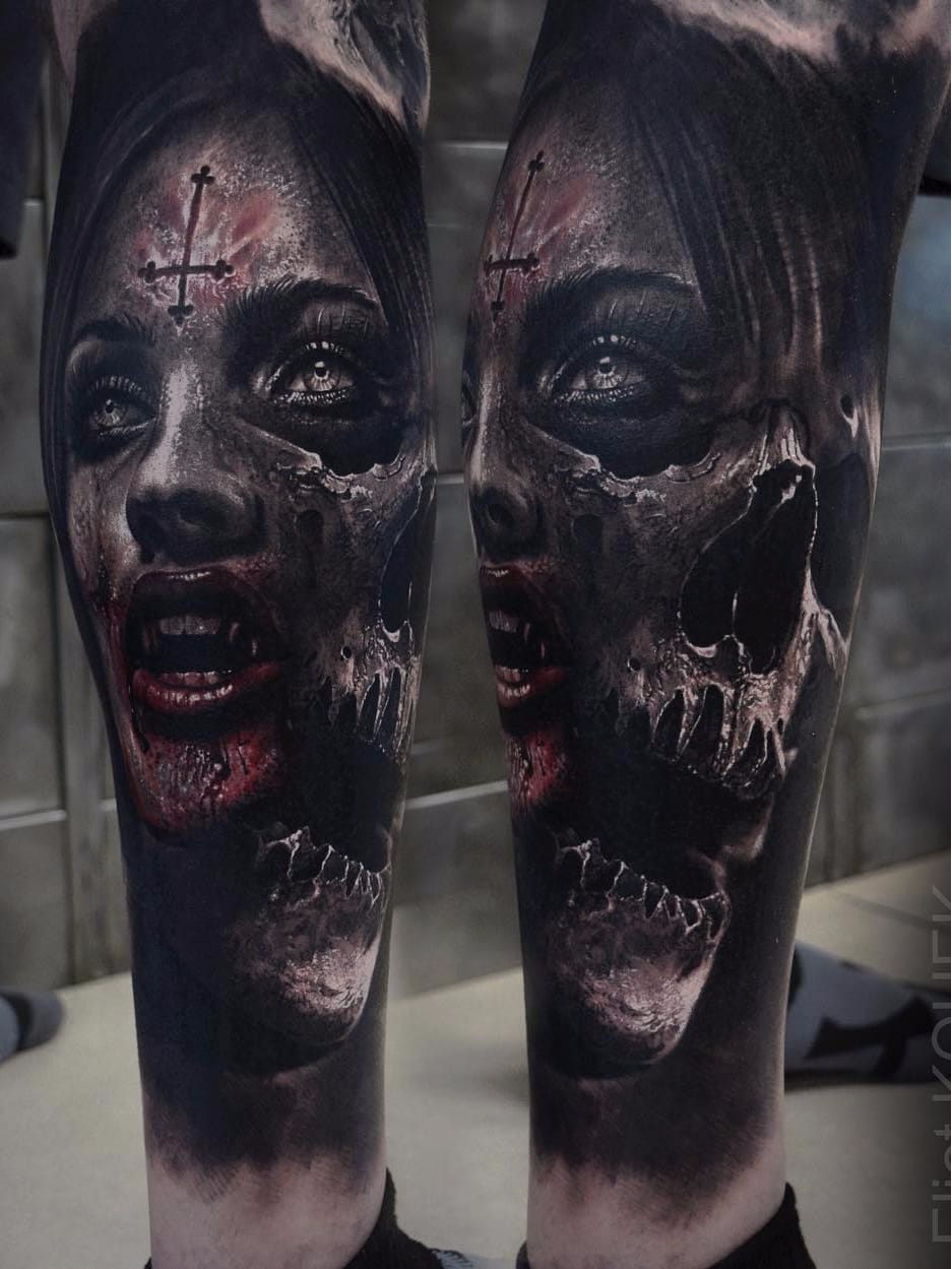 Por Eliot Kohek #EliotKohek #gringo #realismo #realism #pretoecinza #blackandgrey #skull #caveira #cranio #mulher #woman #vampire #vampira #sangue #blood #cruz #cross #dark #terror #horror