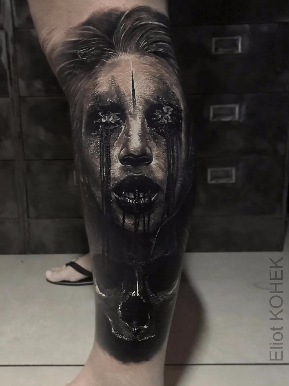 Por Eliot Kohek #EliotKohek #gringo #realismo #realism #pretoecinza #blackandgrey #skull #caveira #mulher #woman #dark #terror #horror #cranio