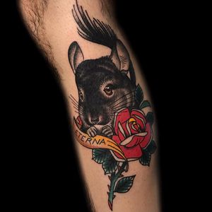 Chinchilla by Becca Genné-Bacon #beccagennebacon #realistic #traditional #mashup #chinchilla #rose #text #banner #font #eternal #nature #flower #animal #tattoooftheday