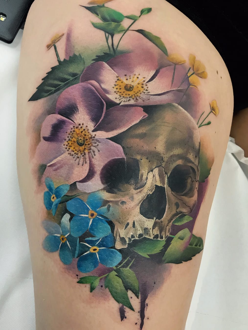 Por Freddie Albrighton #FreddieAlbrighton #gringo #colorido #colorful #realismo #realism #realismocolorido #skull #caveira #cranio #flor #flower #aquarela #watercolor #folha #leaf