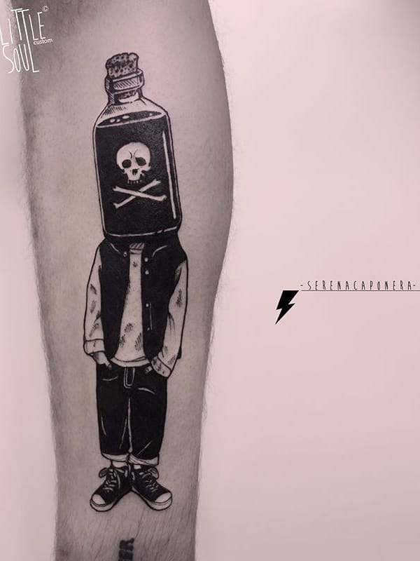 Mente envenenada #SerenaCaponera #gringa #blackwork #grafico #graphic #vintage #boy #menino #poison #veneno #garrafa #bottle #colagem #collage
