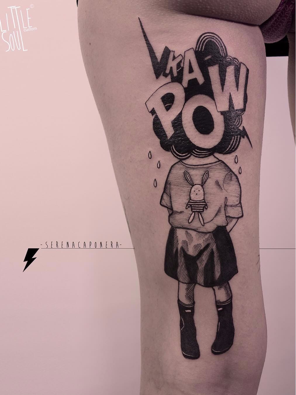 KAPOW!!! #SerenaCaponera #gringa #blackwork #grafico #graphic #vintage #girl #garota #menina #kapow #popart #raio #lightning #coleho #rabbit #chuva #rain #nuvem #cloud #colagem #collage