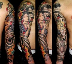 Geisha tiger sleeve by Javier Tattoo