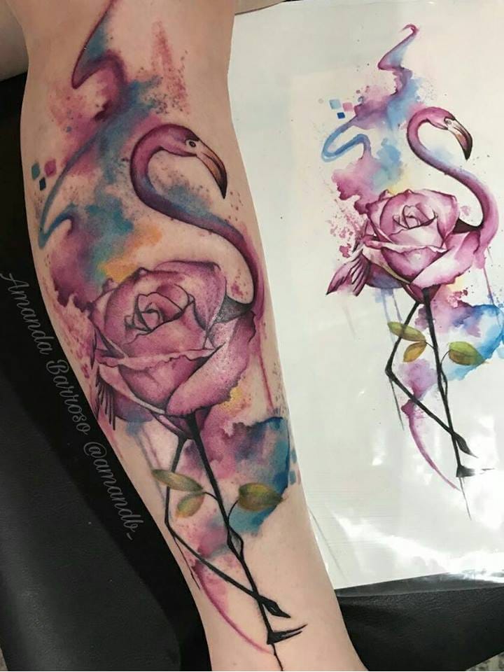 #AmandaBarroso #brasil #brazil #brazilianartist #TatuadorasDoBrasil #watercolor #aquarela #colorido #colorful #flamingo #ave #passaro #bird #flor #flower #rosa #rose #folha #leaf
