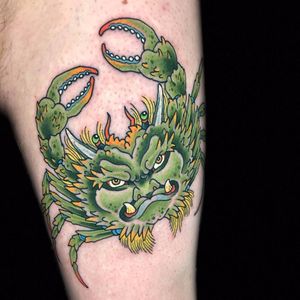 Angry Crab - Japanese Tattoo by Henning Jorgensen #HenningJorgensen #color #Japanese #traditionalJapanese #irezumi #crab #oceanlife #face #demon #monster #folklore #tattoooftheday