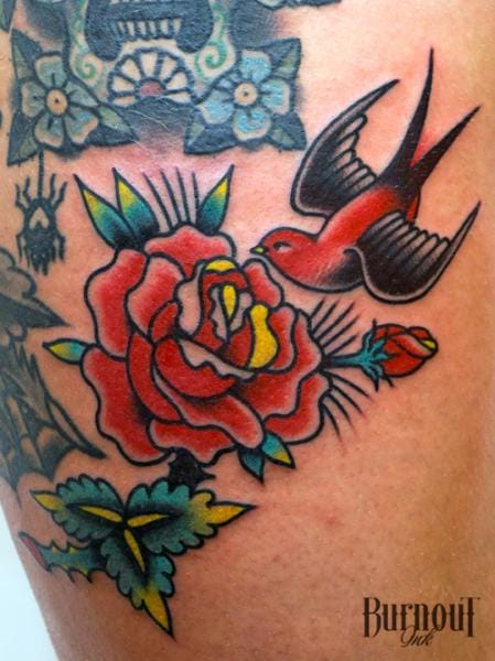 Traditional style swallow tattoo by Burnout Ink #swallow #swallows #bird #traditional #rose