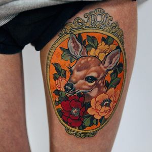 Deer with peonies tattoo by Jinpil Yuu #JinpilYuu #flowertattoos #color #newtraditional #Japanese #realism #mashup #deer #flowers #floral #frame #animal #leaves #nature #tattoooftheday