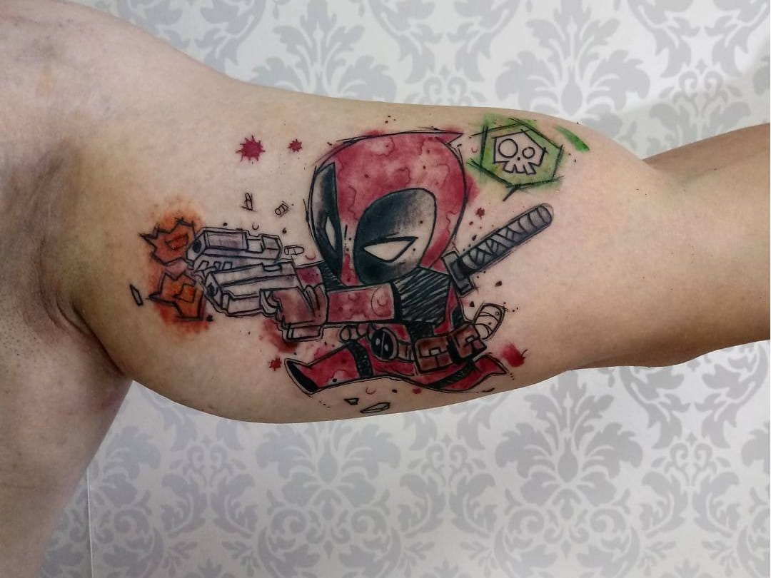 #GabiVitorino #brasil #brazil #brazilianartist #TatuadorasDoBrasil #aquarela #watercolor #blackwork #deadpool #marvel #comics #quadrinhos #nerd #geek #filmes #movies