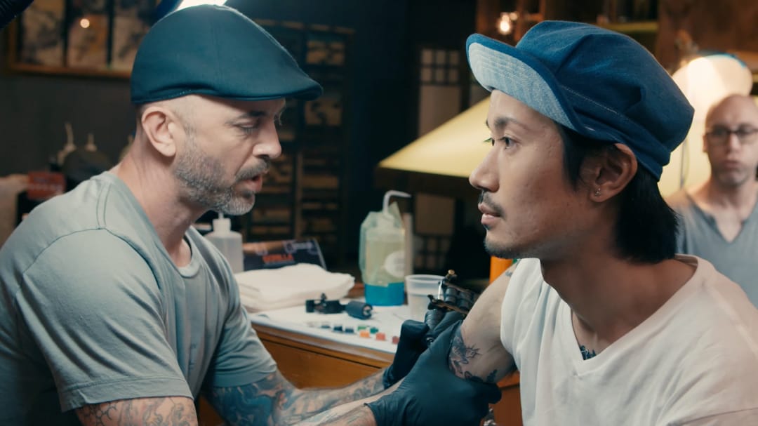 Garver tattooing Taiki #ChrisGarver #TaikiMasuda #residentartists #thetattooshop #miami #wynwood #tvseries #facebookwatch