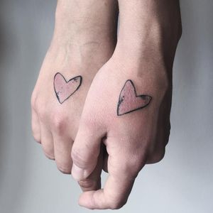 Heart tattoos by Duhovka #Duhovka #handtattoos #linework #heart #illustrative #watercolor #matchingtattoos #coupletattoos #love