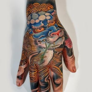 Shishi tattoo by Alessandro Pellegrini #AlessandroPellegrini #handtattoos #color #Japanese #Shishi #lion #Chinese #guardian #foodog #protector #leaves #peony #pattern