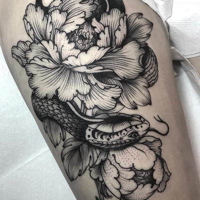 Snake and Peonies tattoo by Henbo Henning #HenboHenning #flowertattoos #blackwork #linework #dotwork #snake #reptile #peony #flowers #floral #nature