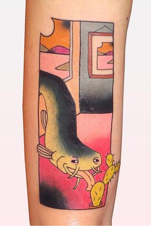 Tattoo by Brindi #Brindi #color #Japanese #traditional #newschool #mashup #color #fish #cactus #weirrd #surreal #landscape #room #window #painting #mountains