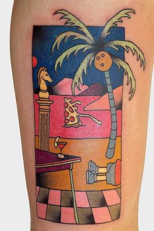 Tattoo by Brindi #Brindi #color #Japanese #traditional #newschool #mashup #color #bartsimpson #murder #martini #pizza #landscape #palmtree #greek #sculpture #surreal #coconut #mountains #thesimpsons